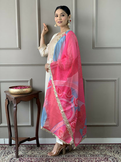 White Viscose Chanderi Stitched Suit With Dupatta - Tanisha