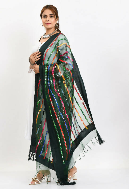 Mominos Fashion Moeza Women's Orgenza Multi Thread Mirror Work Bottle Green Dupatta