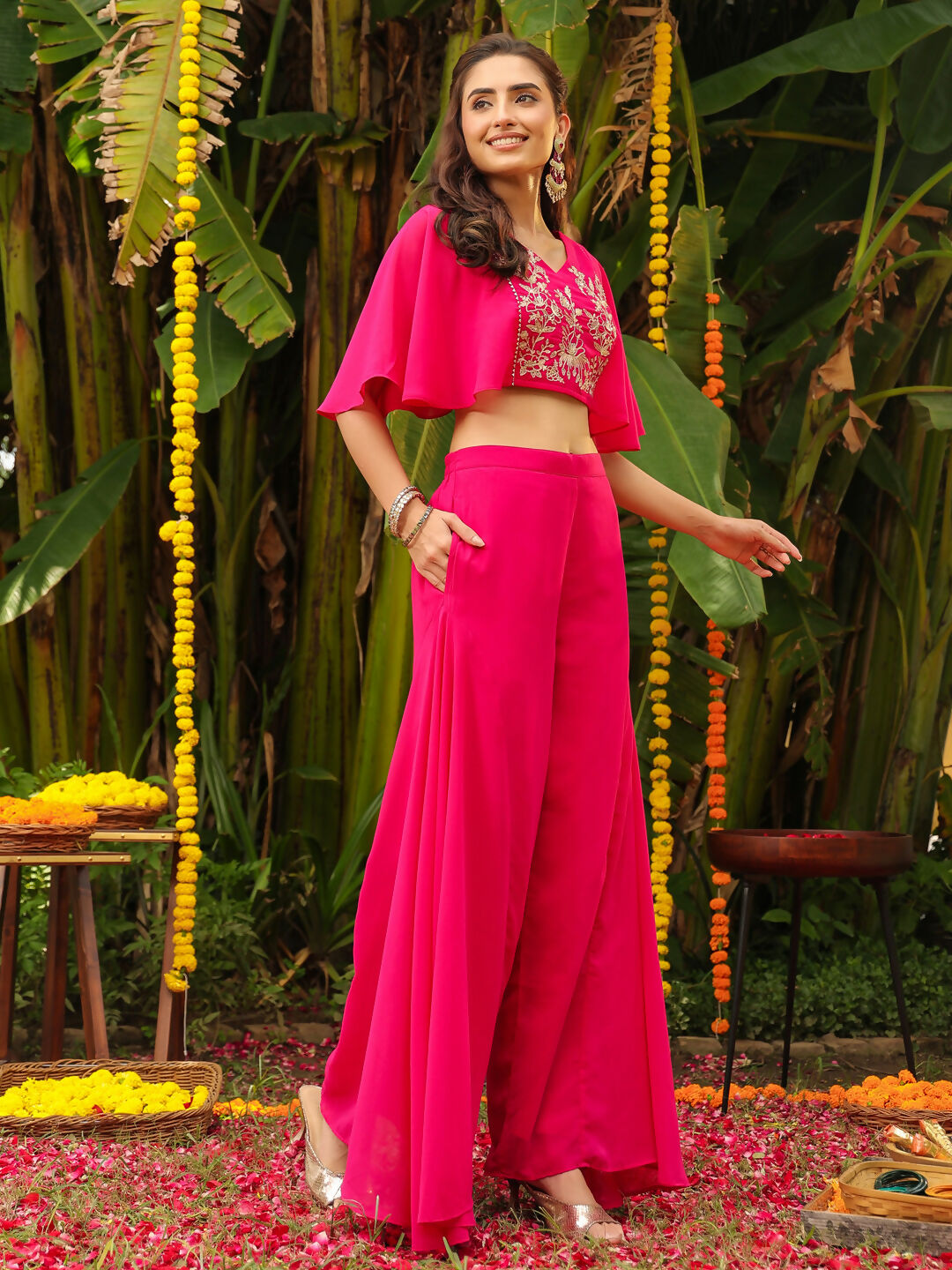 Janasya Pink Georgette Yoke Embroidery Co-Ords