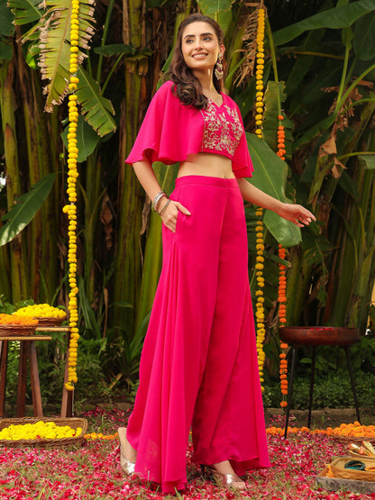 Janasya Pink Georgette Yoke Embroidery Co-Ords