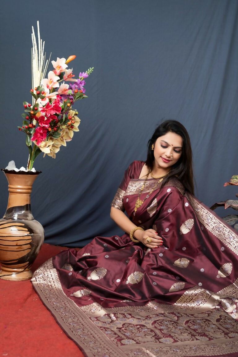 Jyoti Fashion Women's Brown Paithani Silk Zari Woven Saree with Blouse