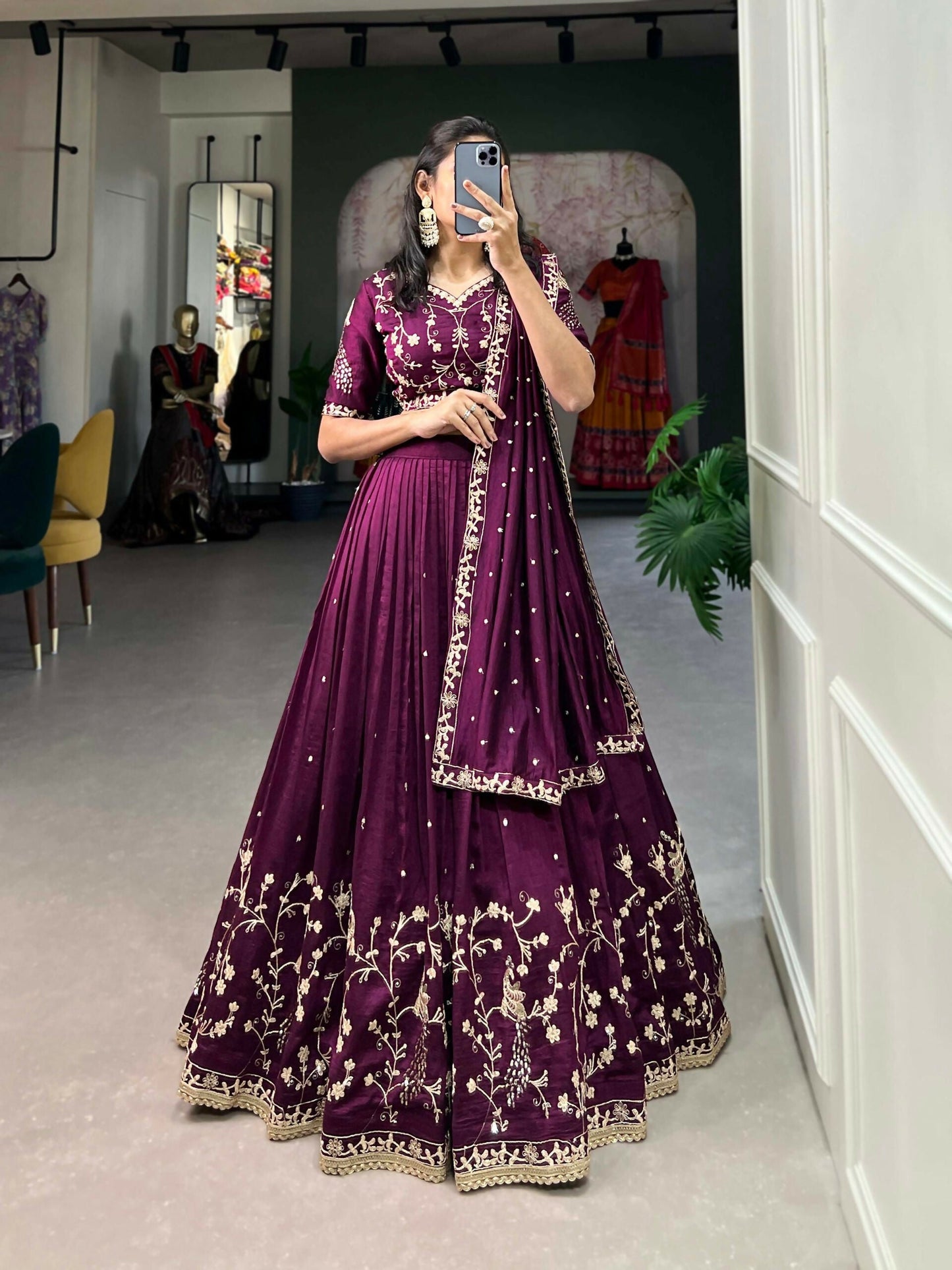 Vastranavya Vichitra Silk Sequins And Thread Embroidery Work Lehenga Choli - Wine