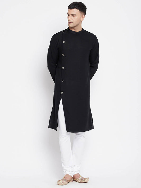 Even Apparels Black Pure Cotton Men's Sherwani Kurta With Asymetrical Cut