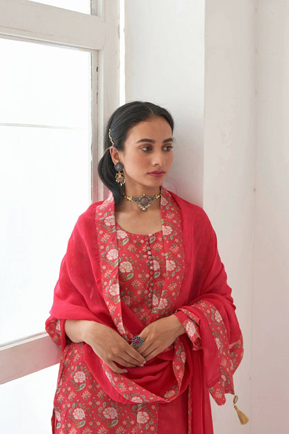 Designer Stylish Red Muslin Stitched Suit With Dupatta - Anbazaar
