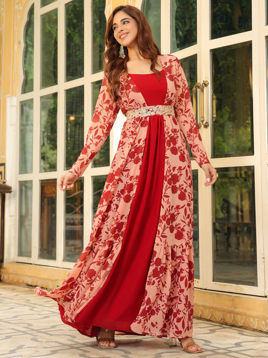 Janasya Maroon Georgette Solid Dress & Jacket