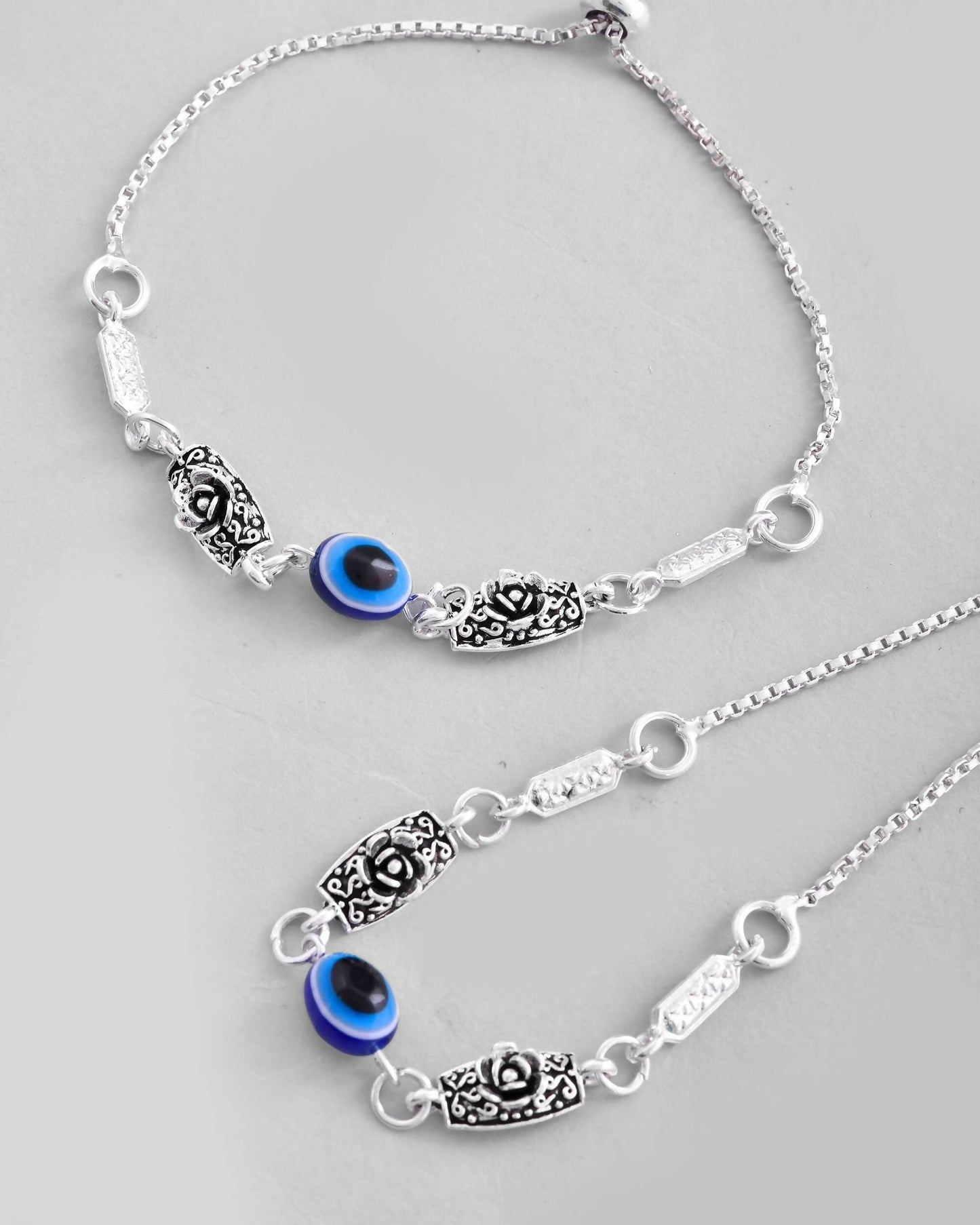 VOJ Set of 2 Silver Plated Flower And Evil Eye HandCrafted Anklet
