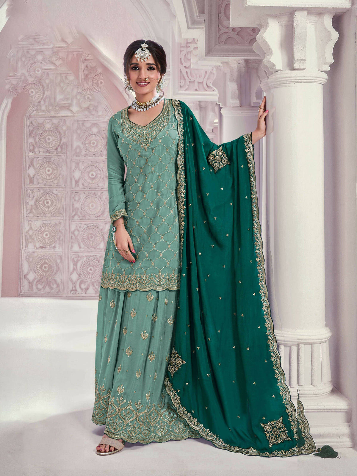 Vastranavya Exquisite Turquoise Heavy Chinon with Embroidered & Sequins Work Salwar Suits