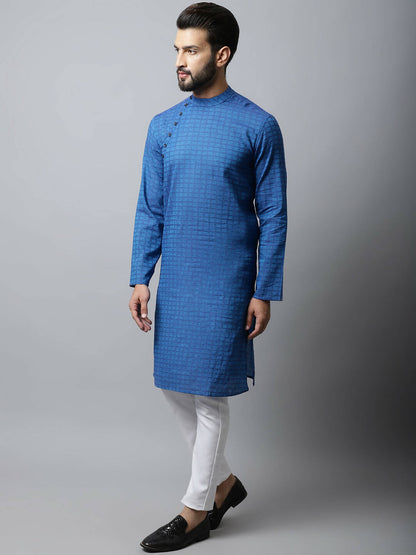 Even Apparels Blue Color Pure Cotton Men's Kurta With Band Collar (CHK1198)