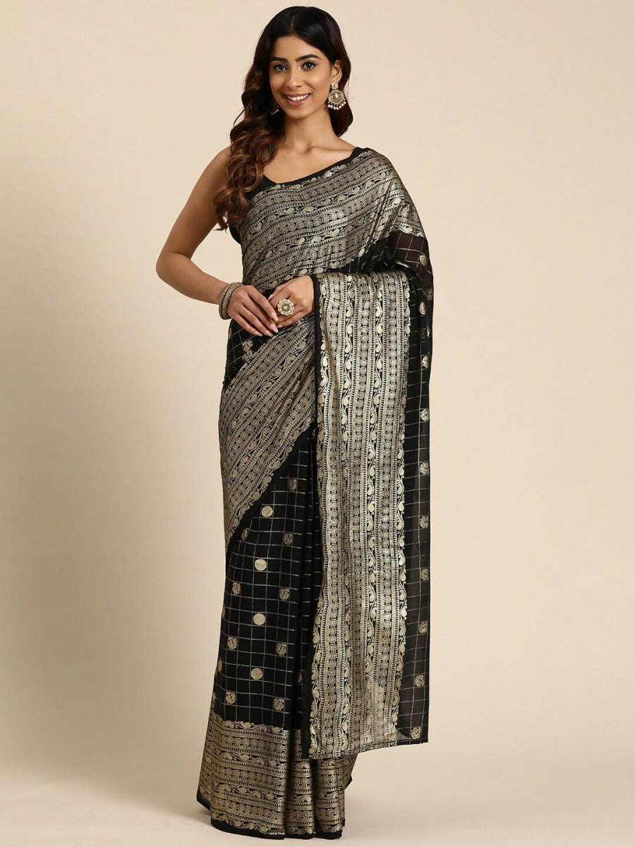 Ahalyaa Women's Traditional Semi Stitch Saree - Black