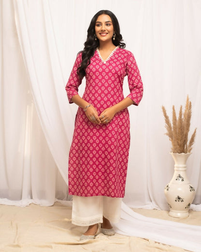 FIORRA Women's Floral Printed Pink Cotton Straight Kurta