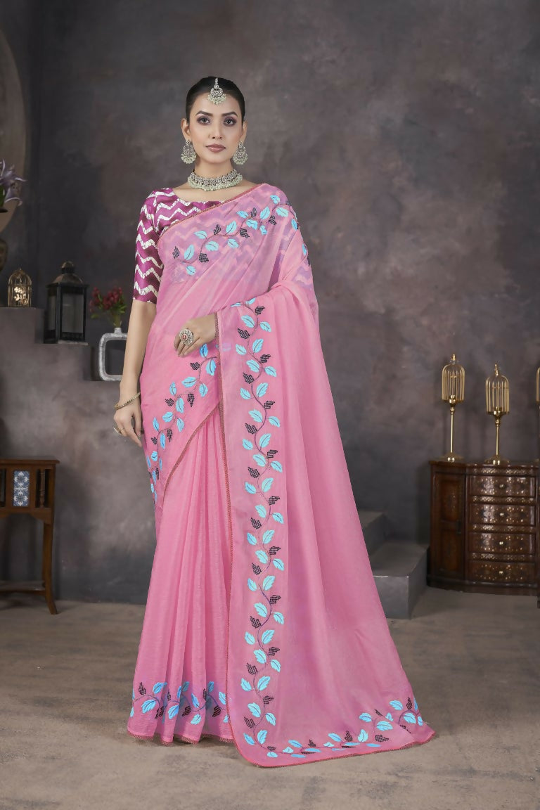 Vastranavya Pink Soft Crush Georgette Thread Embroidery work of Leaf Pattern with Patched Lace Border Saree