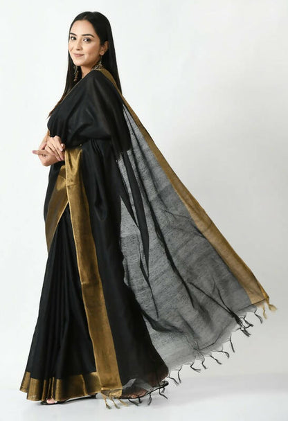 Mominos Fashion Moeza Black Bhagalpuri Handloom Silk Jay Shree Saree with unstitched Blouse piece