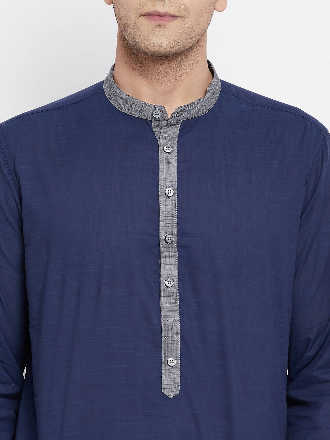 Even Apparels Blue Pure Cotton Men's Kurta With Contrast Collar And Placket