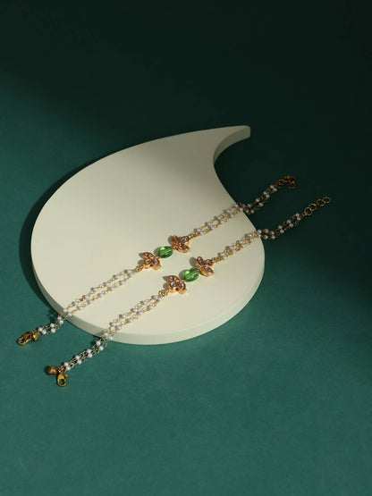 Gold-Polished Green White Kundan Beads Anklet Set Of 2 - Ruby Raang