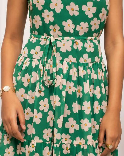 FIORRA Women's Green Georgette Floral Printed Western Dress