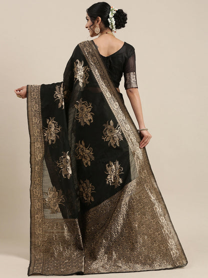 Saree Mall Black Floral Linen Blend Banarasi Saree