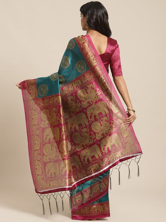 Saree Mall Teal Green & Beige Printed Bhagalpuri Saree