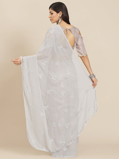 Tikhi Imli Grey Embroidered Mirror-Work Saree