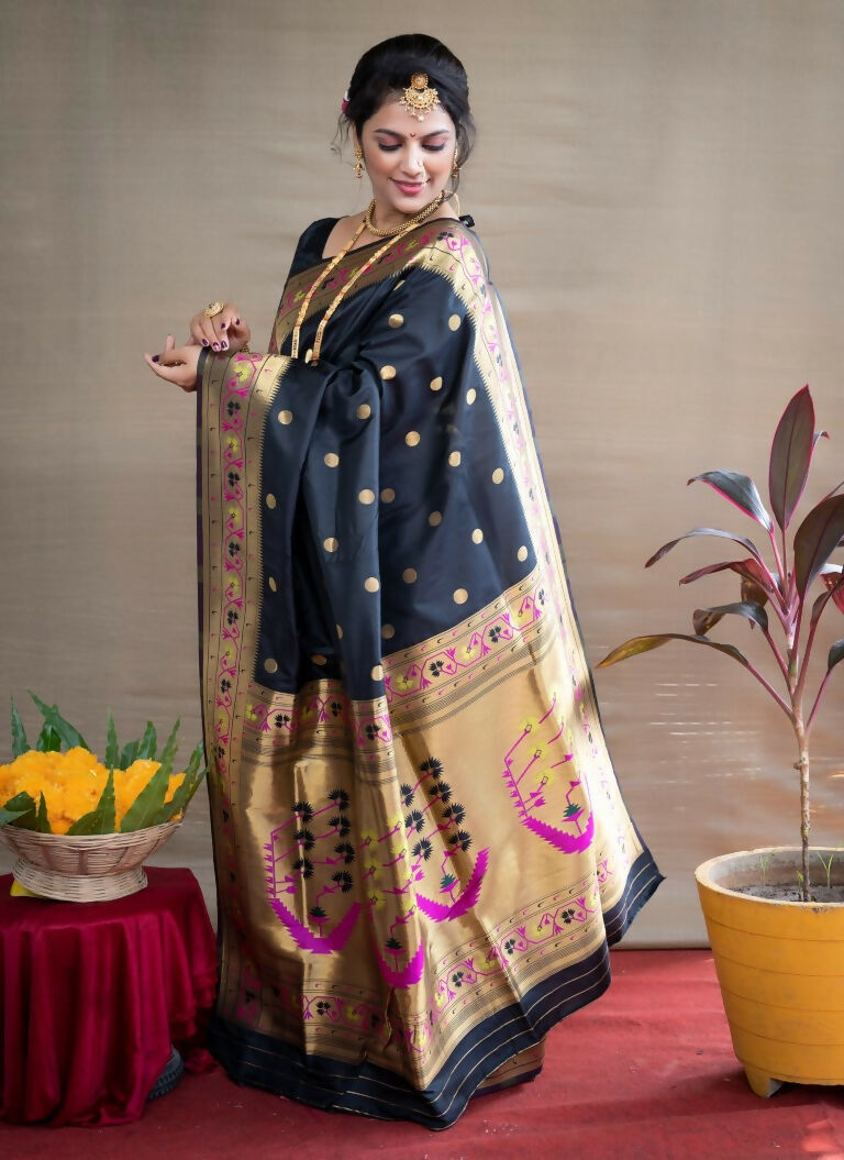 Jyoti Fashion Women's Black Paithani Silk Zari Woven Saree with Blouse