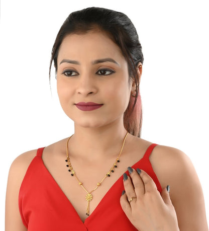 AanyaCentric Gold-Polished Jewelry Combo: Elegant Short Mangalsutra, Finger Ring, and American Diamond Earrings Set