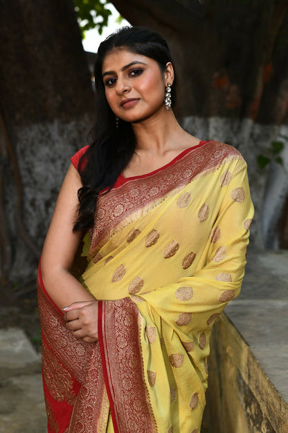 Joban Fashion Pale Yellow Crepe Chiffon Pure Handloom Banarasi Silk Saree