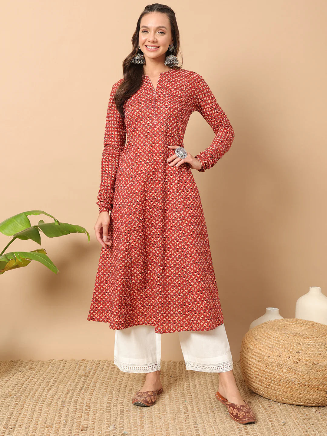 FIORRA Women's Floral Printed Red Cotton A-Line Kurta