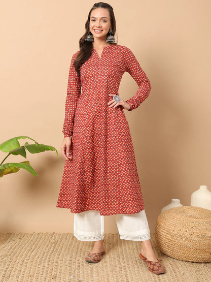 FIORRA Women's Floral Printed Red Cotton A-Line Kurta