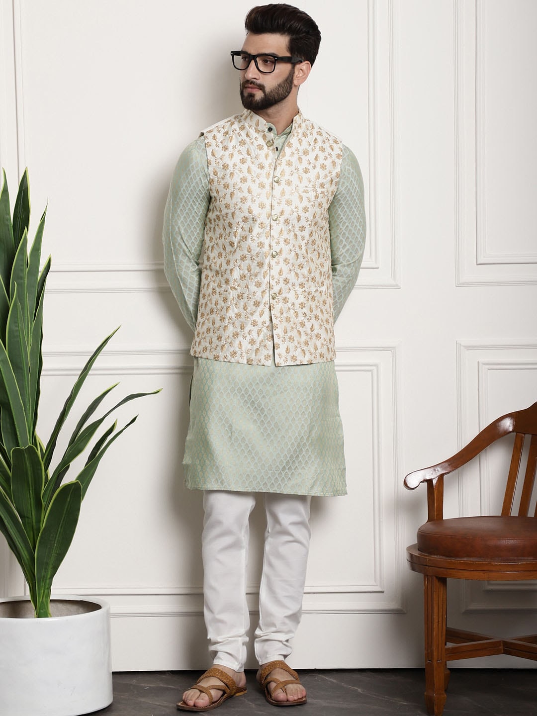 Sojanya Woven Design Mandarin Collar Kurta with Churidar & Nehru Jacket
