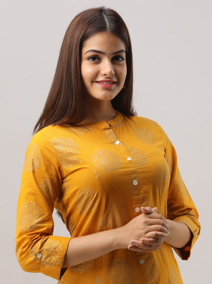 HERE&NOW Mustard Yellow Ethnic Motifs Printed A-Line Kurta