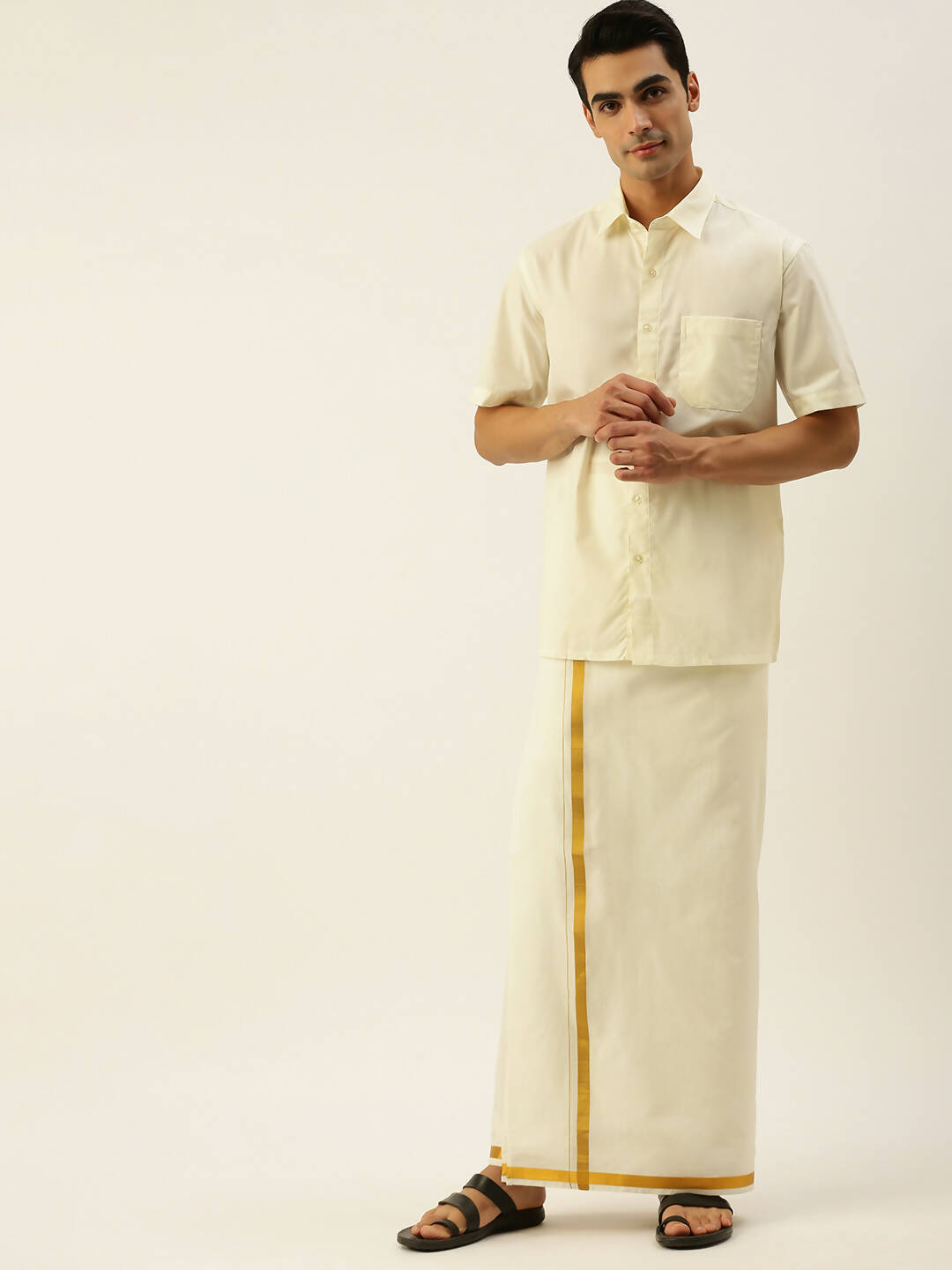 Ramraj Cotton Mens 3/4" Pure Cotton Dhoti And Towel Set - Cream