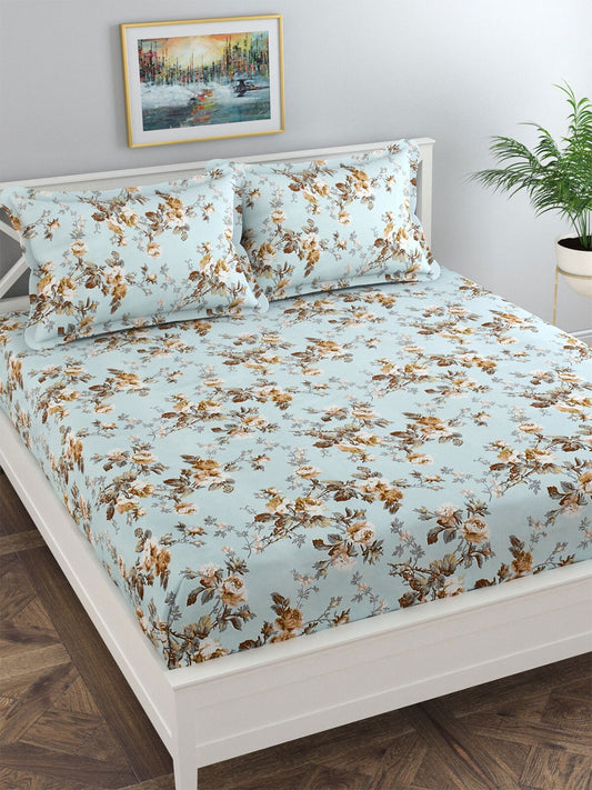 Florida Blue & White Floral 120 TC King Bedsheet with 2 Pillow Covers