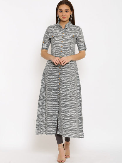 HERE&NOW Grey Shirt Collar Chevron Printed Roll Up Sleeves A-Line Kurta
