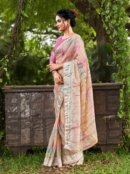 Tikhi Imli Peach Tie and Dye Gotta Patti Organza Saree