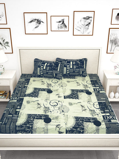 Story@home Blue & Off White Conversational King Bedsheet with 2 Pillow Covers