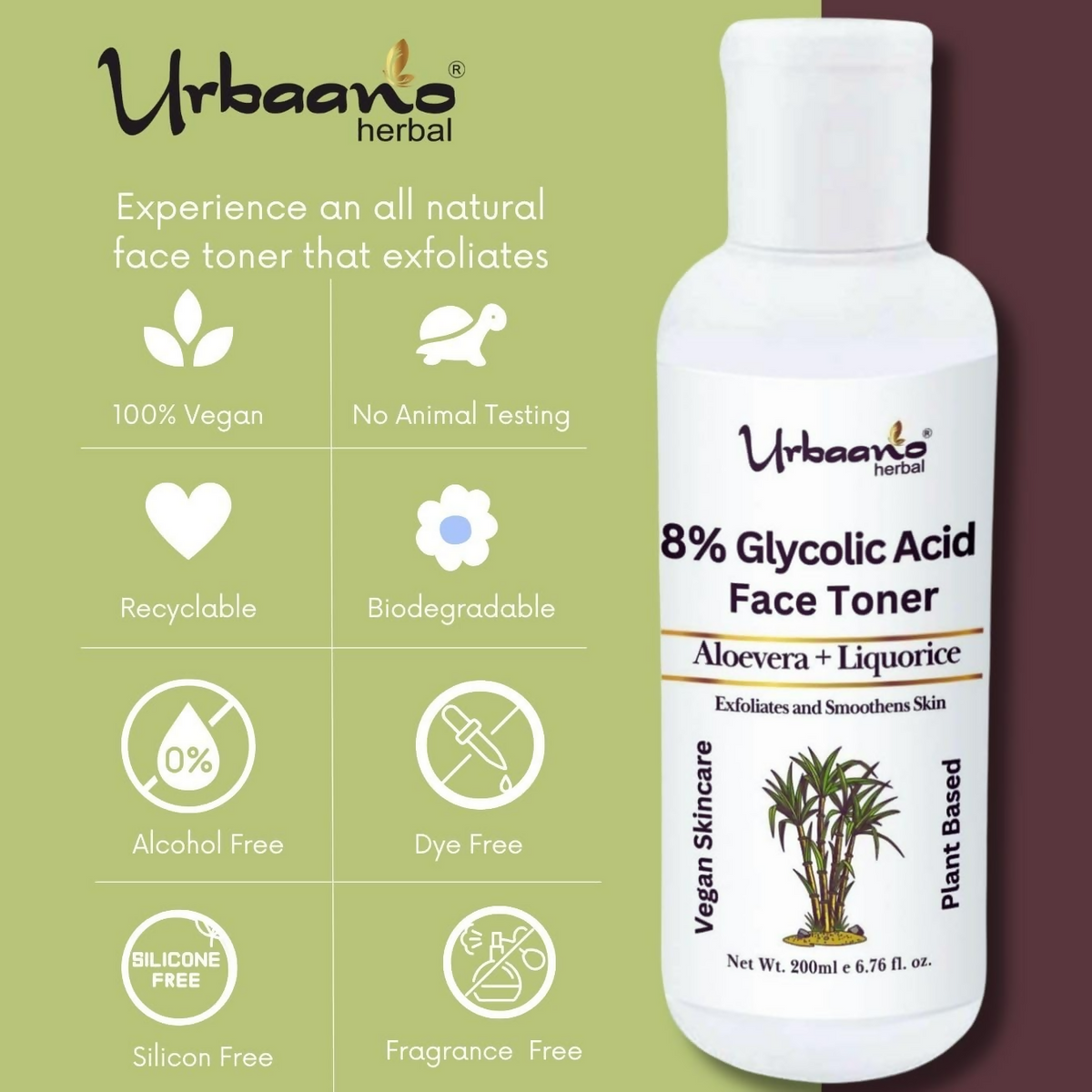 Urbaano Herbal 8% Glycolic Acid Toner For Glowing Skin