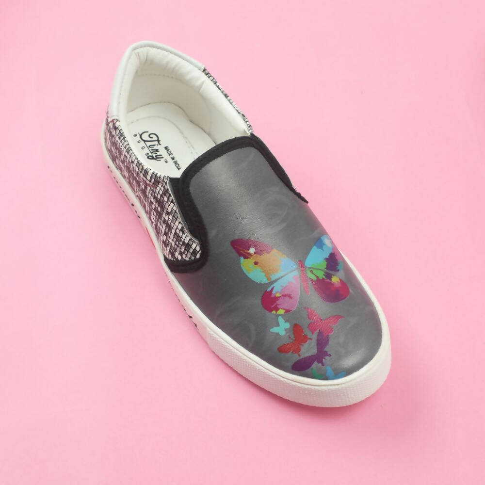 Tiny Bugs Girls Butterfly Print Slip Ons Sneakers - Dark Grey