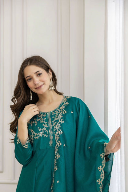 The52 Rama Women's Beautiful Vichitra Silk Fabric Embroidered Work Flared Anarkali Pant and Dupatta Set