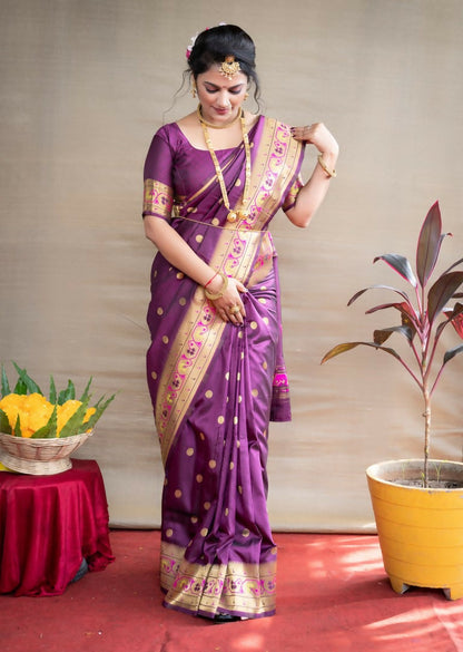 Jyoti Fashion Women's Wine Paithani Silk Zari Woven Saree with Blouse