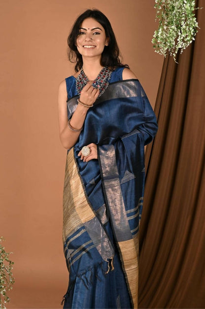Very Much Indian Handloom Pure Dupion Silk Saree With Sleek Golden Border - Blue