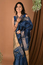 Very Much Indian Handloom Pure Dupion Silk Saree With Sleek Golden Border - Blue