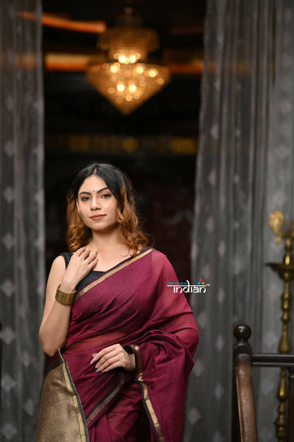 Very Much Indian VMI Exclusive Designer! Handloom Cotton Silk Saree With Sleek Golden Border - Maroon Shade