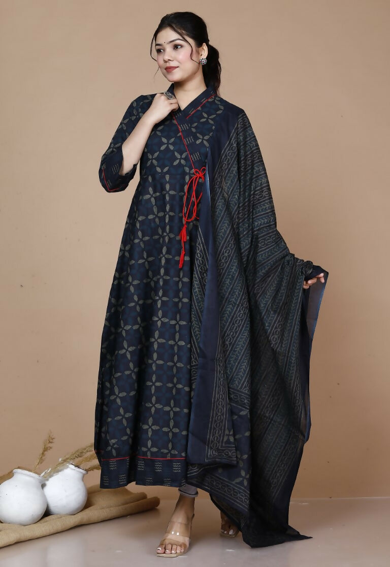 Miravan Women's Abstract Printed & Tasseles Angrakha Kurta With Blue Dupatta Set