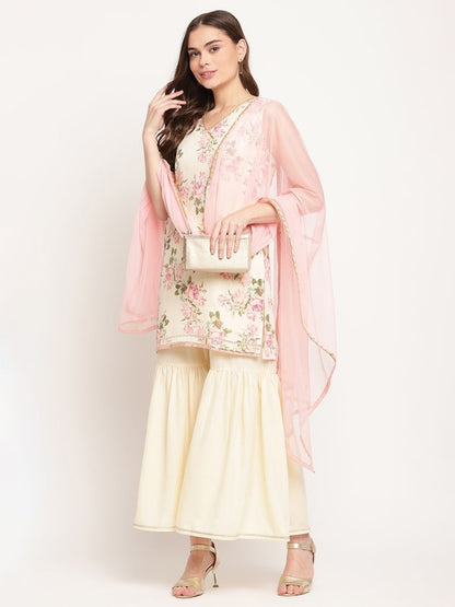 Ahalyaa Women's Beige Crepe Digital Floral Print Kurta Sharara Set with Dupatta