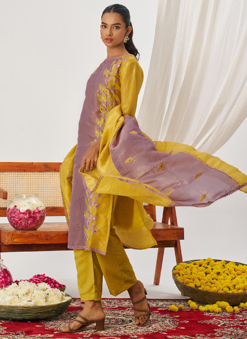 Vegaa Fashion Yellow And Lavender Organza Embroidered Party Wear Suit