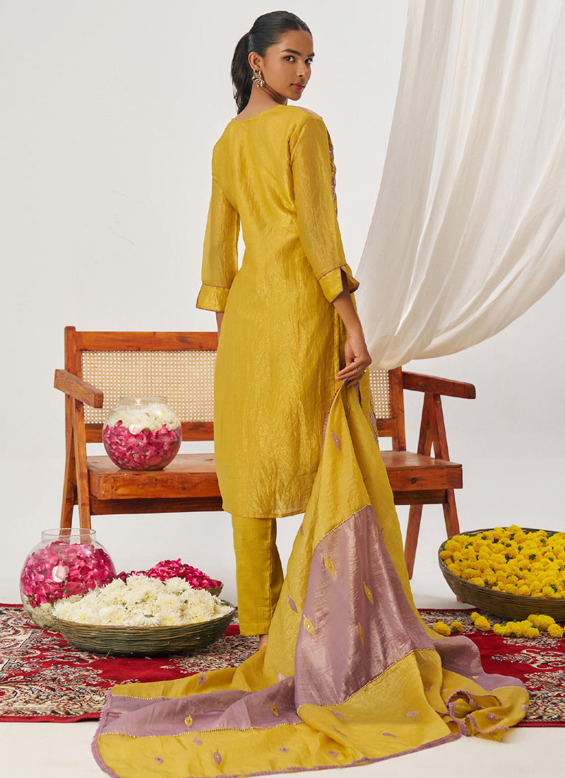 Vegaa Fashion Yellow And Lavender Organza Embroidered Party Wear Suit