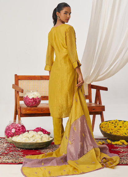 Vegaa Fashion Yellow And Lavender Organza Embroidered Party Wear Suit