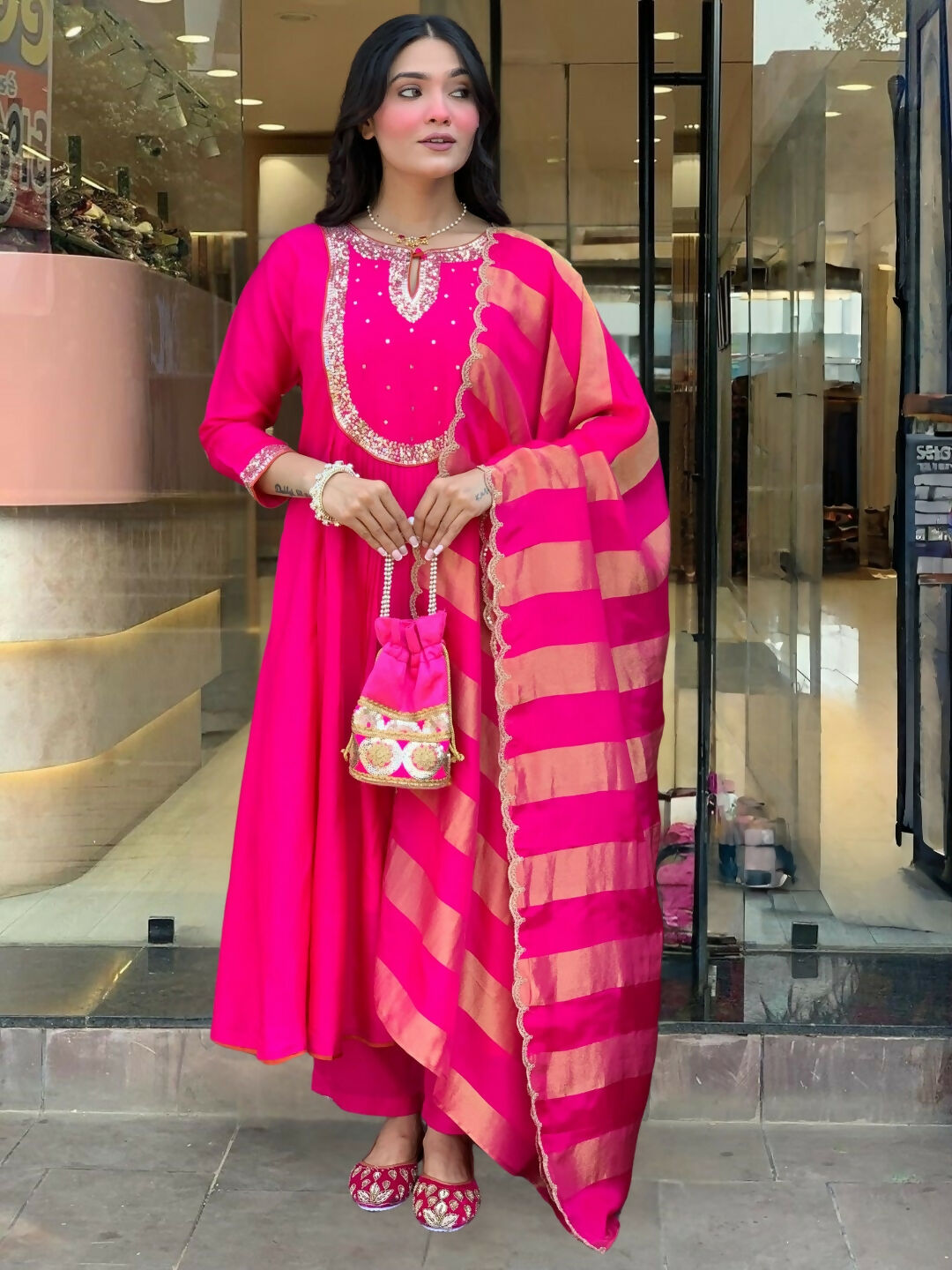 The52 Rani Women's Gorgeous Embroidered Work Chanderi Fabric Flared Kurta Pant and Dupatta Set