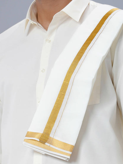 Ramraj Cotton Premium Wedding Cream Readymade Dhoti, Shirt & Towel Set Dhanvanthri