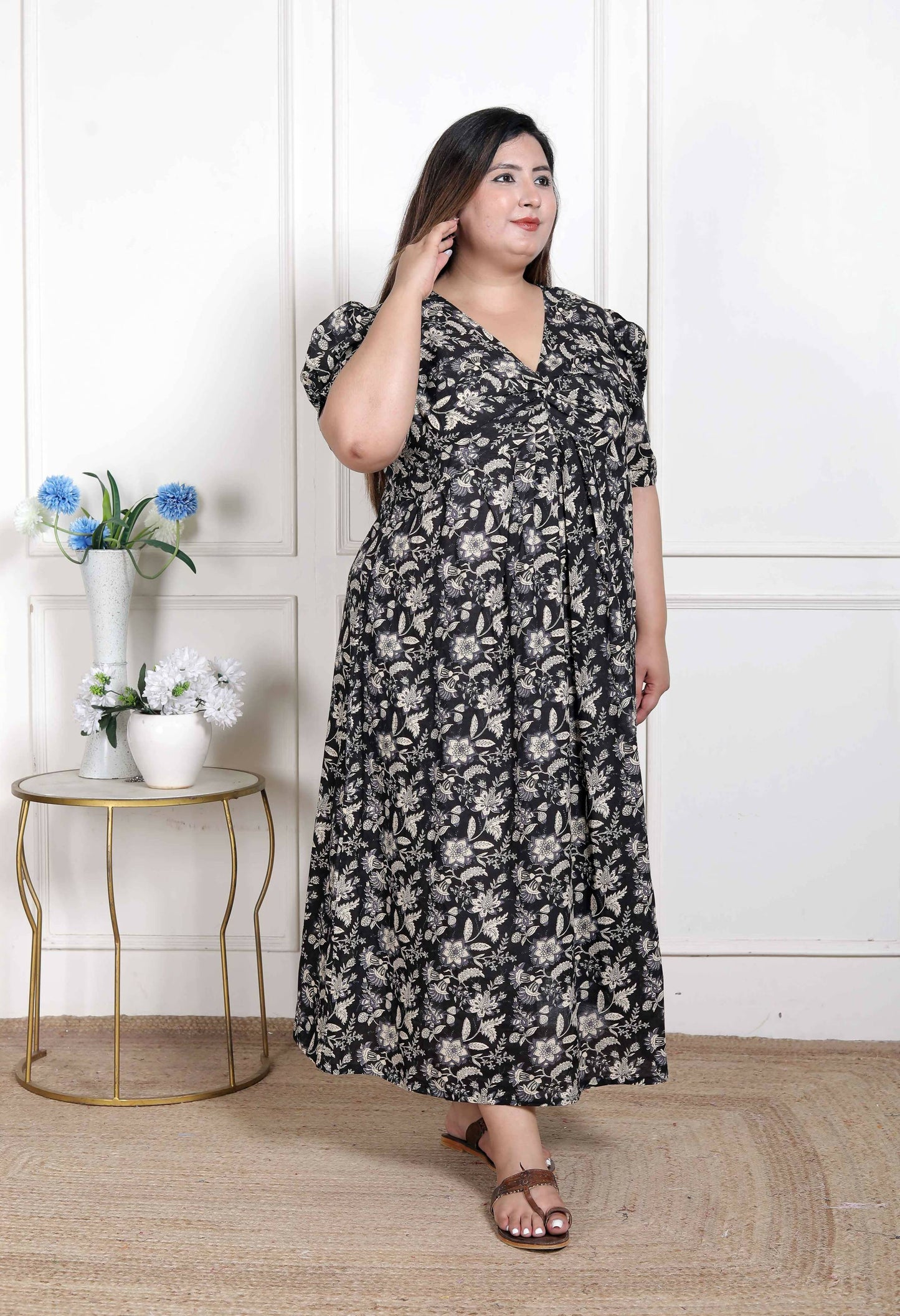 Miravan Women's Plus Size Pleated Puff Sleeve Floral Pure Cotton Black And White Butterfly Maxi Dress