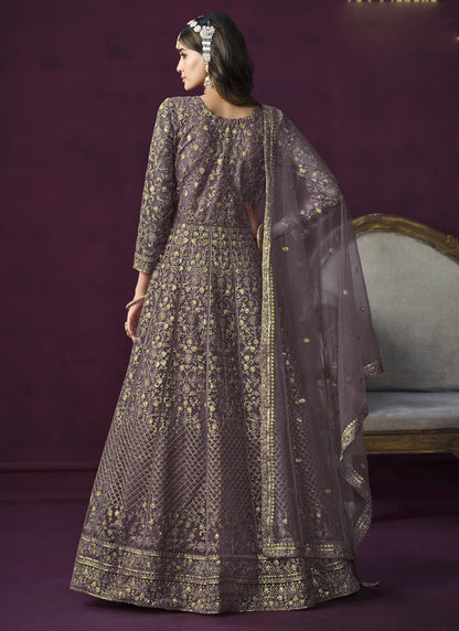 Vegaa Fashion Designer Purple Net Embroidery Anarkali Suit